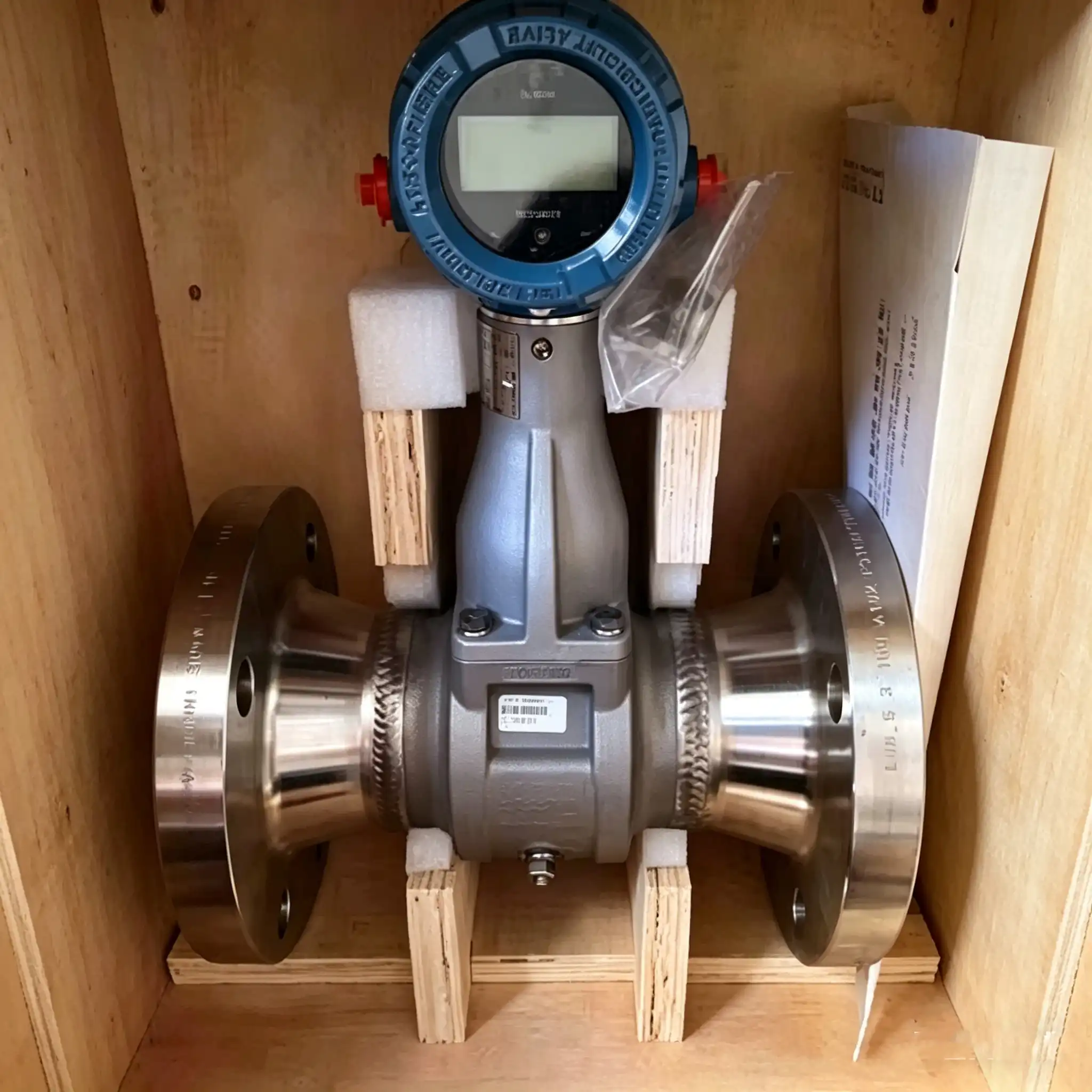 Rosemount 8800 reducer vortex flow meter in wooden shipping crate